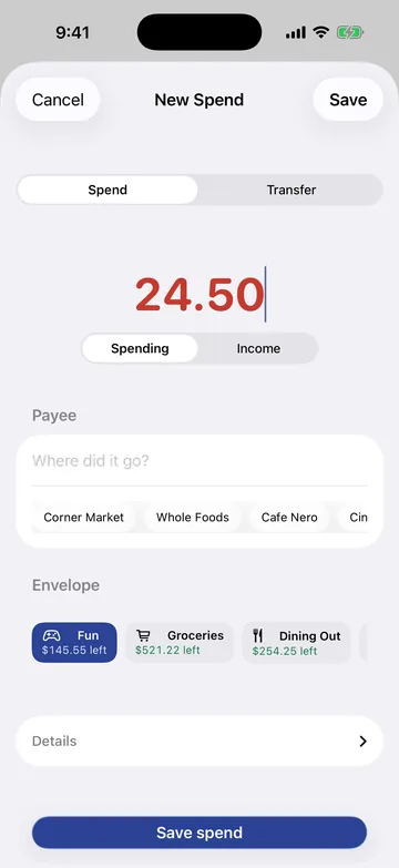 The New Spend sheet: an amount of 24.50 in red, a Spending and Income switch, a payee field with suggestions, and envelope chips showing Fun with $145.55 left, Groceries with $521.22 left and Dining Out with $254.25 left.